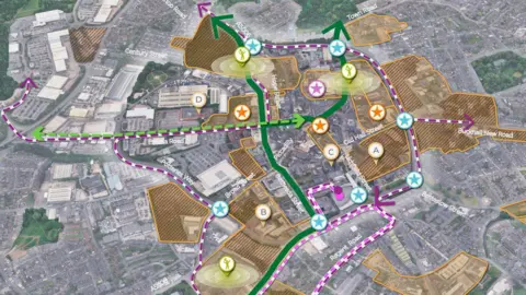 Stoke-on-Trent City Council An aerial view of a computer-generated map of Stoke-on-Trent, outlining areas for redevelopment.