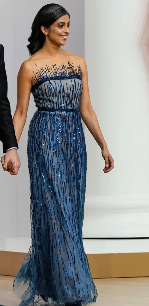 AP Usha Vance pictured in a glittering blue ball gown at the first inaugural ball in Washington DC