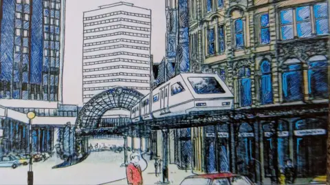 A tram on raised tracks travels around a city at first-floor level in a drawing
