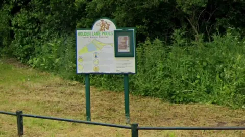 A sign that reads "Holden Lane Pools" on a patch of grass. The sign has two green legs and is rectangular-shaped with a small semi-circle at the top. 
A green, low, metal fence is at the bottom of the image. 