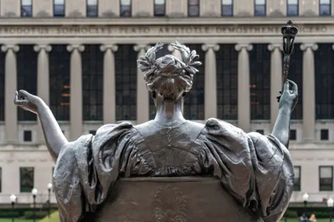 A view of the back of a statue at Columbia University