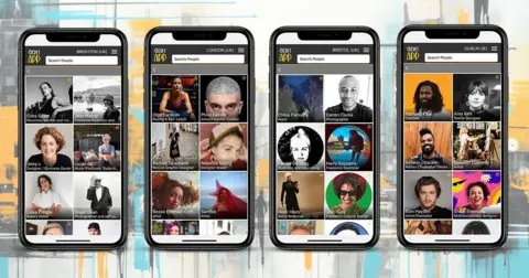 The Secret App A computer generated image of iPhones side by side, showing the various pages within the app. It shows a grid pattern of artists' faces along with their names and their artistic style written underneath (i.e. graphic designer, musician etc.) 