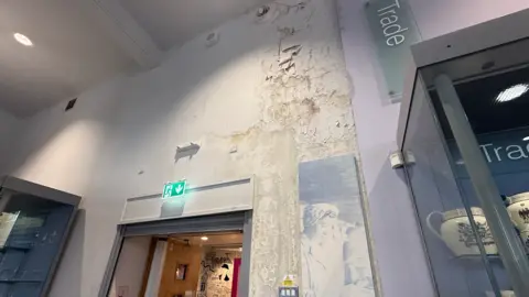 Paint is peeling off on a water-damaged wall. It is above a door and next to a display case. 