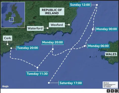 A graphic showing the ship's route between the Republic of Ireland and Wales