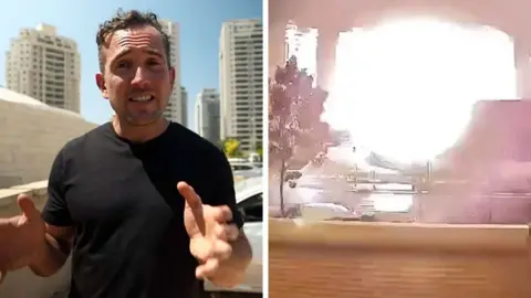 Split image of BBC's Hugo Bachega and a blast 