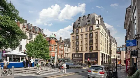 An artist's rendition of the what the old Cathedral Square offices on the Bigg Market would look like. A seven-storey white building is at one end of a plaza lined with restaurants, shops and venues.