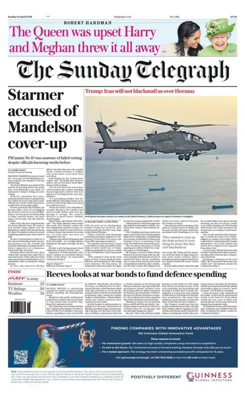 The headline on the front page of the Sunday Telegraph reads: "Starmer accused of Mandelson cover-up."
