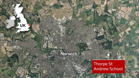 A satellite image of Norwich, showing Thorpe St Andrew School's location east of the city. There is a graphic of the UK showing Norwich's location near the East Anglian coast.