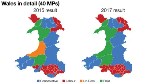 BBC  A map showing the election results in 2015 and 2017