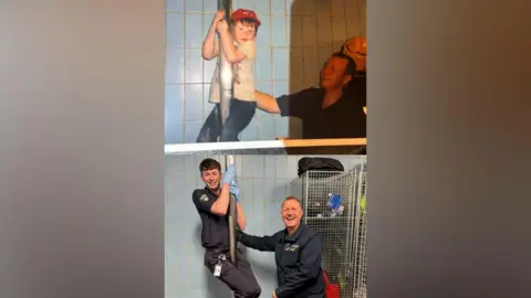 A photograph shows five-year-old Lewis Owen clinging on to a fire station pole. He has a red cap, pale yellow shirt and jeans. John Henderson is next to him smiling. A second pic below shows them recreating the photograph earlier this year. They are both smiling and wearing Cleveland Fire brigade's navy blue uniform. 