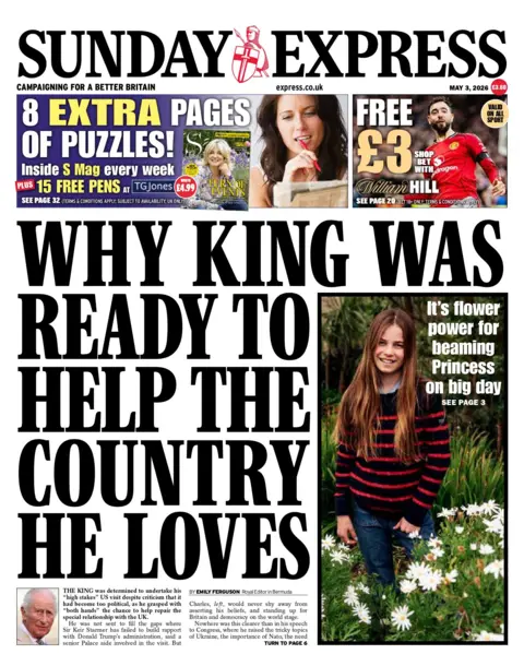 "Why King was ready to help the country he loves," reads the headline on the front page of the Sunday Express.