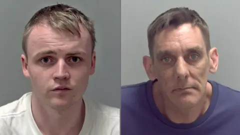 Norfolk Police Police mug shots of Dominic Wilkins, who has short light brown hair and is wearing a white T-shirt and Ben French, who has short mid brown hair and is wearing a blue T-shirt. 
