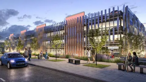 An artist's impression of the multi-storey car park in Bridlington. The large building is covered in twisted metal panels and stands next to a landscaped pavement featuring trees, grassed areas and seating. There are people walking past and sitting on benches, and there is a blue Mini on the road with its headlights on.