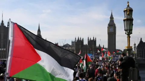 REUTERS/Jaimi Joy A Palestine flag flies in the foreground and many others in the background as people stand along the bridge leading towards the Palace of Westminster
