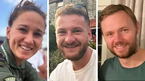  Lt Lily-Mae Fisher, 31, Petty Officer Owen Green, 24, and Lt Cdr Chris Gayson, 42, died in the crash on Wednesday pictured in a split screen with 3 images of smiling faces of the victims
