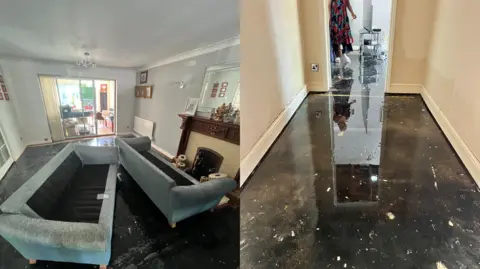 Supplied Two photographs show the extent of damager that the water had on the house. Two sofas can be seen in the left photo damaged. On the right there is a room filled with water. 