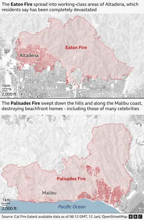 Composite map showing in red the extent of the Eaton and Palisades fires and the structures destroyed in the area. The Eaton Fire (above) spread to working-class neighborhoods in Altadena, which residents said were completely destroyed. The Palisades Fire (below) swept through the hills along the Malibu coast, destroying beach homes, including many celebrities.