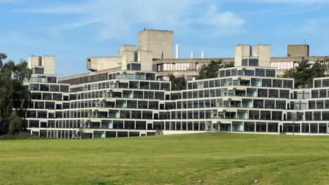 A picture of the sloping Ziggurats at the UEA - they are multi-storey, sloping accommodation blocks for students.