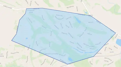 Warwickshire Police A map of Nuneaton that has a blue, shaded shape over the top of three areas marking a boundary of where a dispersal order is in place.