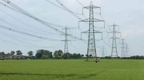 BBC pylons running through a field in Lincolnshire