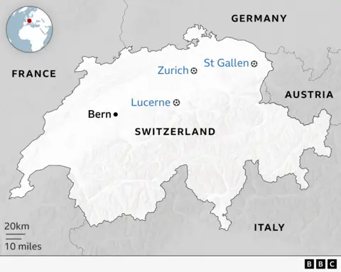 A map of Switzerland with three highlighted locations - Zurich, St Gallen and Lucerne 