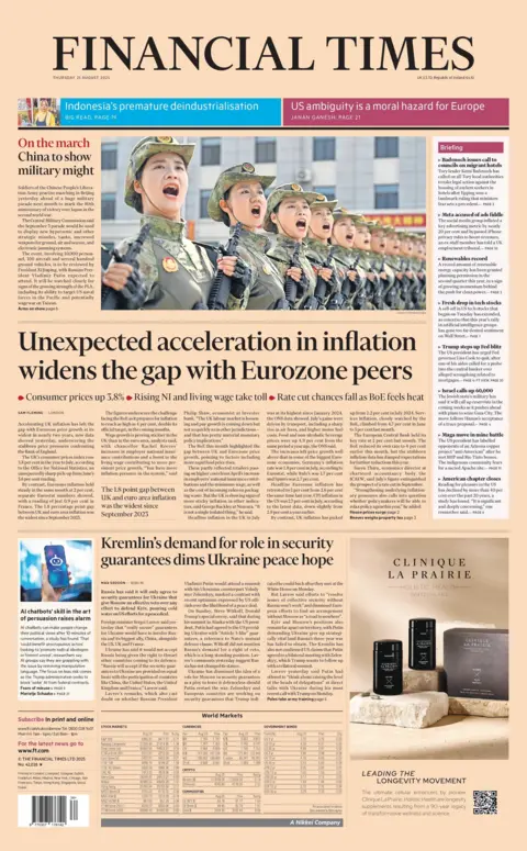 "Unexpected acceleration in inflation widens the gap with Eurozone peers" reads the headline on the front page of the Financial Times.