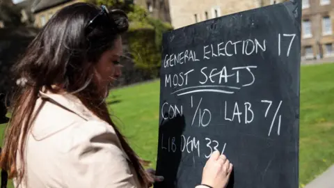 Betting odds for the 2017 general election being written on a blackboard opposite the Houses of Parliament