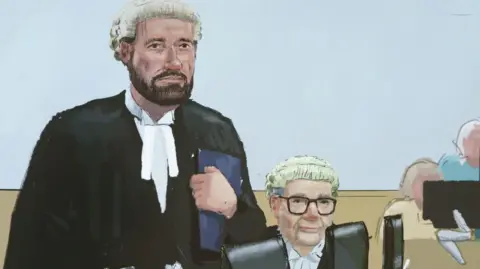 Nick Lewis A painted sketch of two barristers. Andrew Gurney on the left is standing and wearing a black gown and white wig, he has a thick dark beard. Christopher Knox on the right is seat and is clean shaven and wearing glasses, as well as a wig and gown.