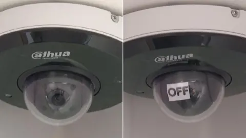 BBC Two photos side-by-side show what the cameras in the accessible toilet looks like when they are recording or in the off position.