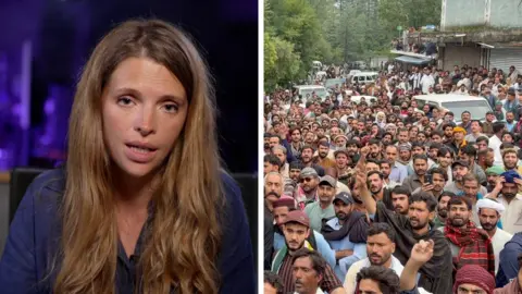 Composite of Carrie Davies next to a group of protesters