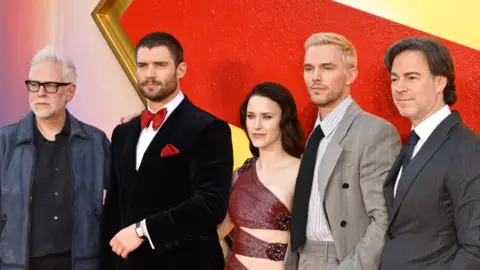 Getty Images James Gunn, David Corenswet, Rachel Brosnahan, Nicholas Hoult and Peter Safran attend the "Superman premiere