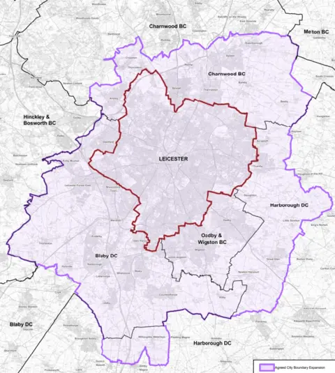 Leicester City Council A map of Leicester and its surrounding area shaded in different colours
