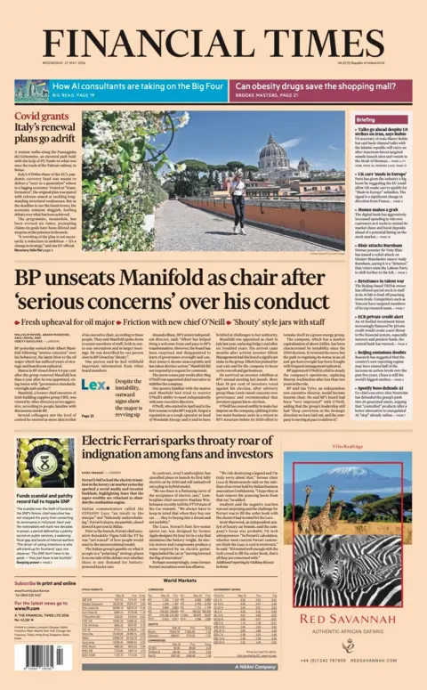 "BP unseats Manifold as chair after 'serious concerns' over his conduct" reads the headline on the front page of the Financial Times.