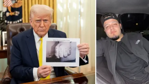 (L) Donald Trump holds a photo and (R) Kilmar Abrego Garcia