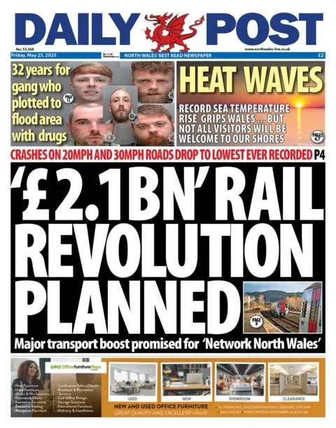 Daily Post Daily Post newspaper front page shows main headline next to a photo of a train: '£1.1bn' rail revolution planned; Major transport boost promised for 'Network North Wales'. Other headlines on the front page are: 32 year for gang who plotted to flood area with drugs. Heat waves, record sea temperature rise grips Wales ... but not all visitors will be welcome to our shores