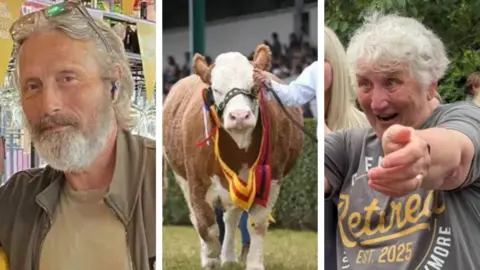 A composite of Mads Mikkelsen, a man with grey hair and grey beard; a large cow; and a woman with curly short grey hair reaching her arms out for a hug.
