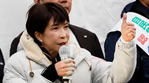 apan's Prime Minister and leader of the ruling Liberal Democratic Party (LDP), Sanae Takaichi, speaks during an election campaign event ahead of the February 8 snap election, in Tokyo, Japan.