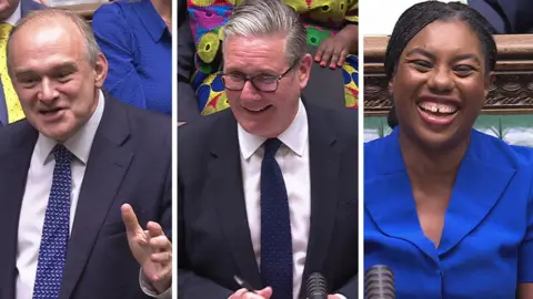 A composite image of Sir Ed Davey, Sir Keir Starmer and Kemi Badenoch smiling