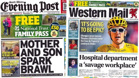 Front pages of South Wales Evening Post and Western Mail