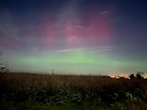 Hannah83 Purple and blue sky over grassed area with some lights in the background.