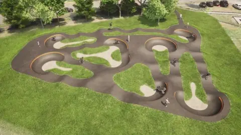 An artist impression of how the pump track will look. The track is surrounded by grass.