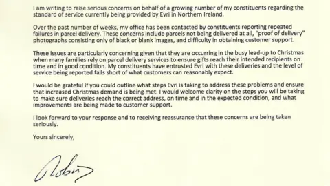 UUP A cropped letter signed Robin S about concerns over Evri's service in Northern Ireland. The paper is a cream colour.