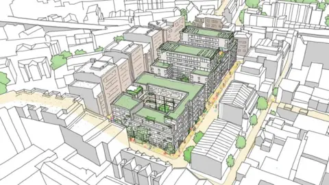 Howells Illustrated aerial view of the planned redevelopment featuring green-roofed buildings arranged around courtyards, integrated within a dense urban block with surrounding streets and structures.