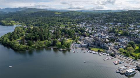 Aerial view of Windermere with a harbour in the foreground