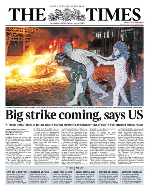 The headline on the front page of the Times reads: “Big strike coming, says US”.