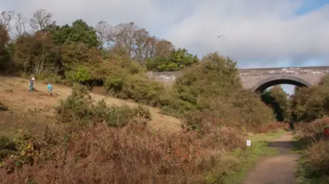 Warwickshire Wildlife Trust A stone bridge crosses a path that runs alongside a small hill on one side with bushes and trees, and some bushes and trees on the other. There is a person on the hill.