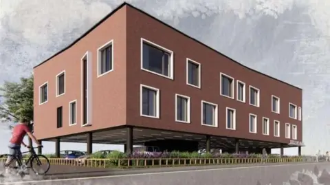 A drawing of a large brown building on stilts