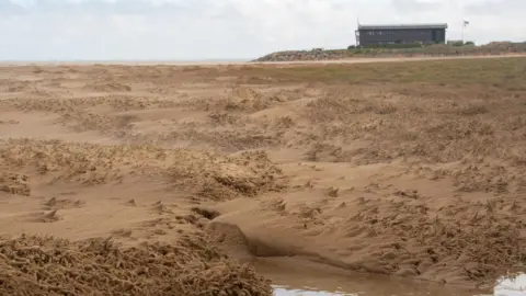 Ed Barnes / Local Democracy Reporting Service  A stretch of sand on Hoylake Beach, with some patches of vegetation in places and a pool of water in the foreground. The lifeboat station can be seen in the distance.