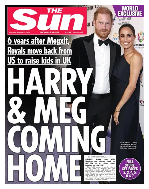 The headline on the front page of the Sun reads: "Harry and Meg coming home."