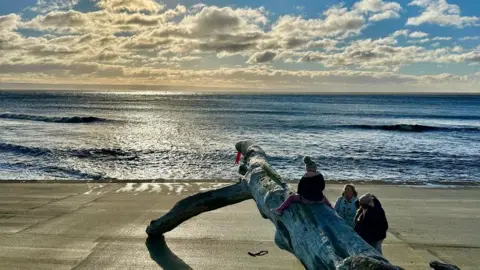 Steve West Photograph of the back of Lizzy the Lizard, which is actually a piece of driftwood, washed up on a beach in Porthcawl. A child sits along the centre of the wood, and two women look up at her. She wears a white bobble hat, the sun can be seen setting along the water in the distance. 
